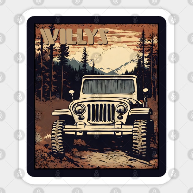 Jeep Willys Rustic Fall Mountain Scene Sticker by SunGraphicsLab